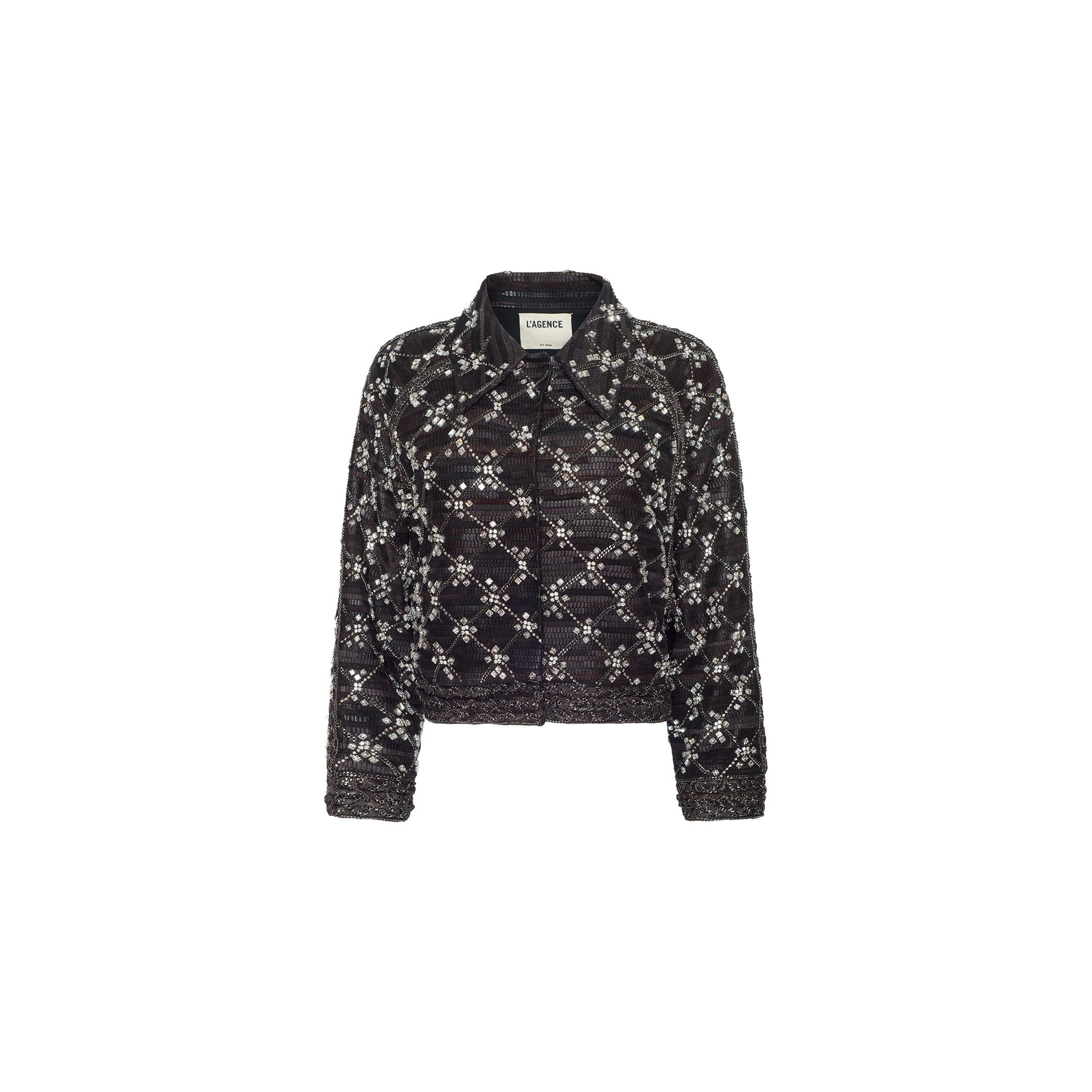 The Morrisa Embellished Leather Jacket is crafted from black quilted recycled leather in a diamond pattern, hand-embellished with pearl-like beads and sequins, and features crystal chain details along the collar and long sleeves. The jacket is displayed against a plain white background.