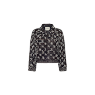 The Morrisa Embellished Leather Jacket is crafted from black quilted recycled leather in a diamond pattern, hand-embellished with pearl-like beads and sequins, and features crystal chain details along the collar and long sleeves. The jacket is displayed against a plain white background.
