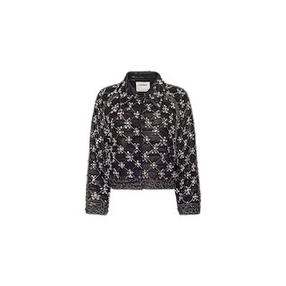 The Morrisa Embellished Leather Jacket is a black cropped jacket featuring a quilted diamond pattern, hand-embellished with sparkling details and finished with a classic collar—making it a true statement piece. Shown against a plain white background.