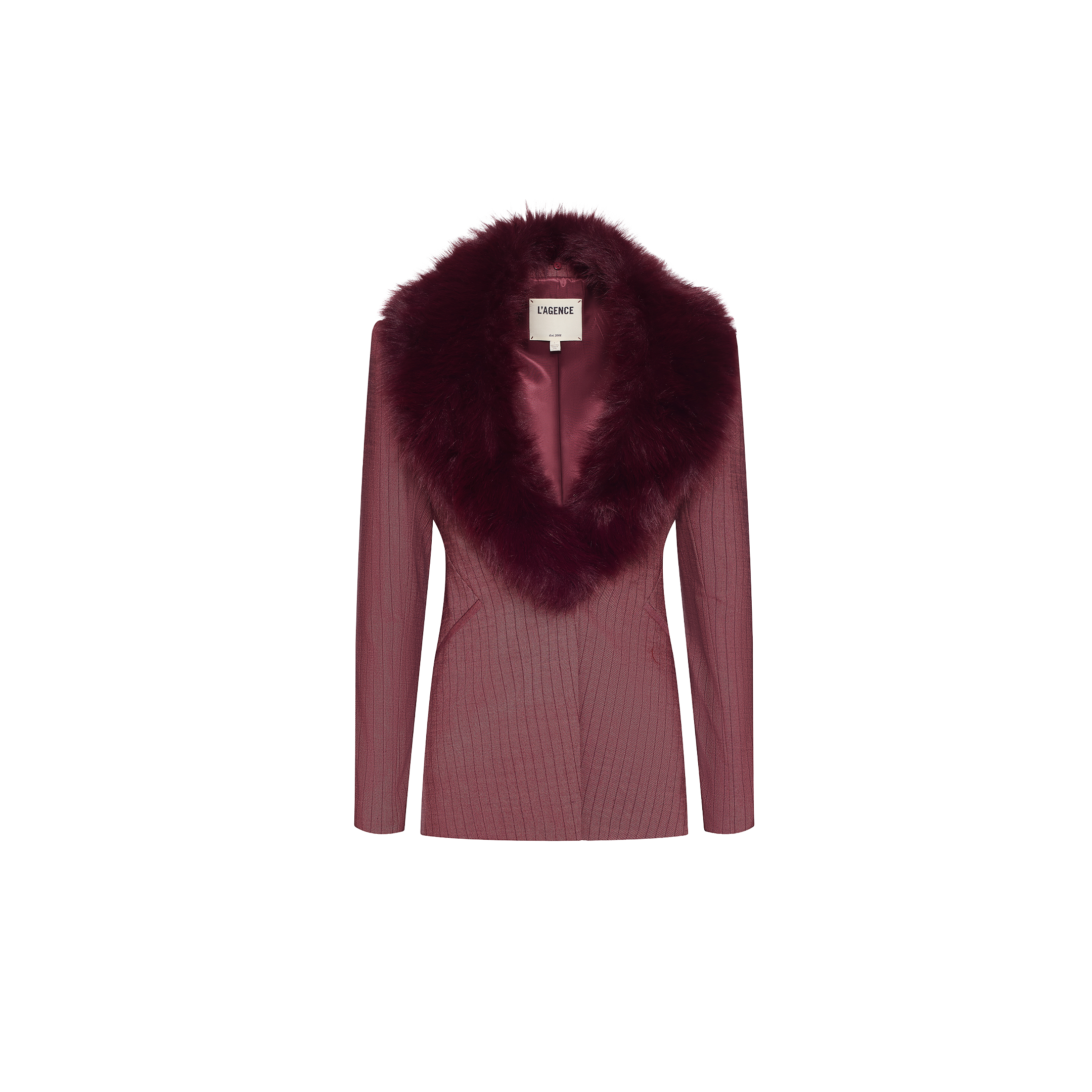 Sheila Blazer in maroon pinstripe with a wide, plush faux-fur collar.