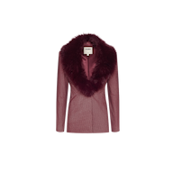 Sheila Blazer in maroon pinstripe with a wide, plush faux-fur collar.