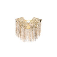 The Garavani Crystal Cape features a gold sequined collar with long metallic fringe, a round neckline, and decorative crystal embellishments, presented against a plain white background.