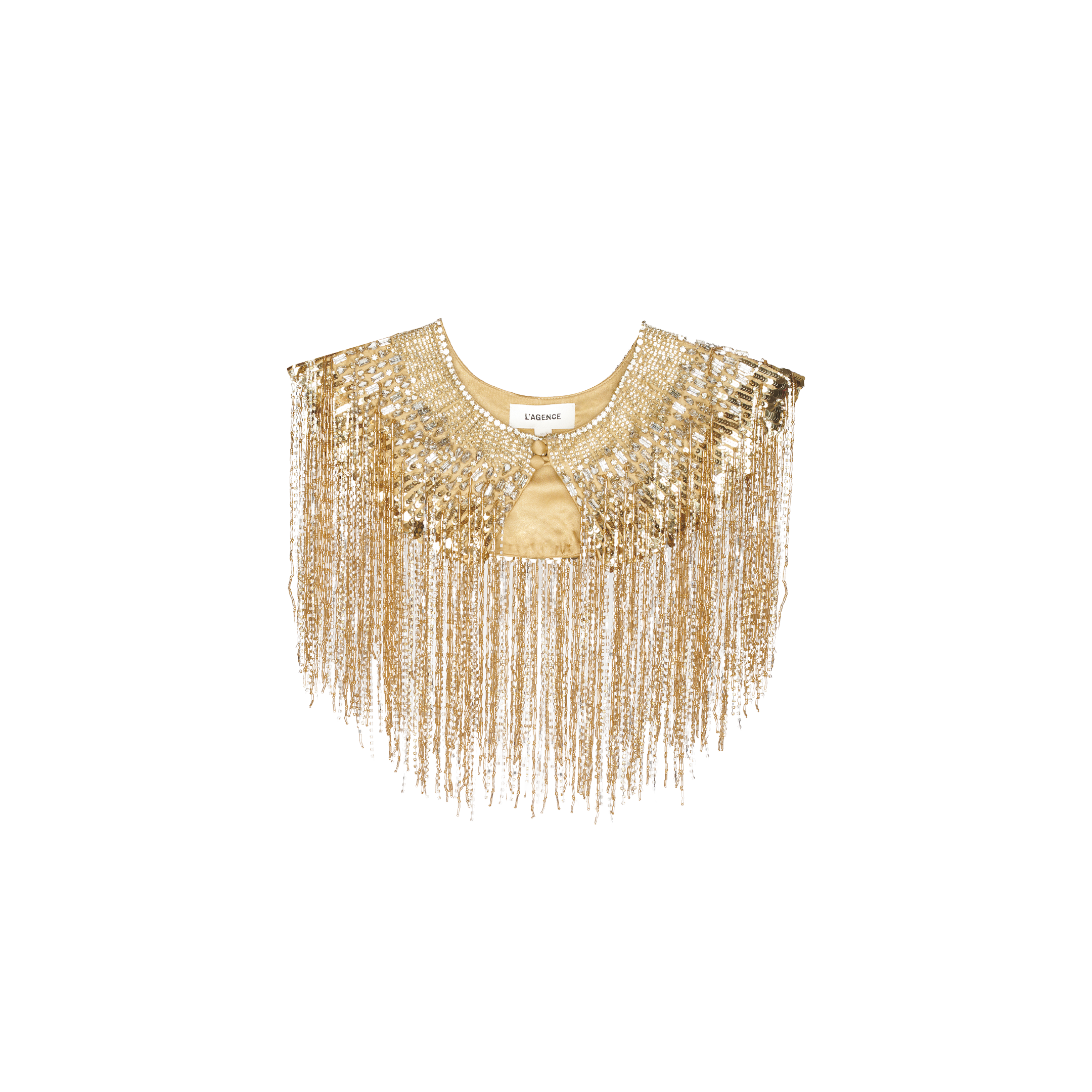 The Garavani Crystal Cape features a gold sequined collar with long metallic fringe, a round neckline, and decorative crystal embellishments, presented against a plain white background.
