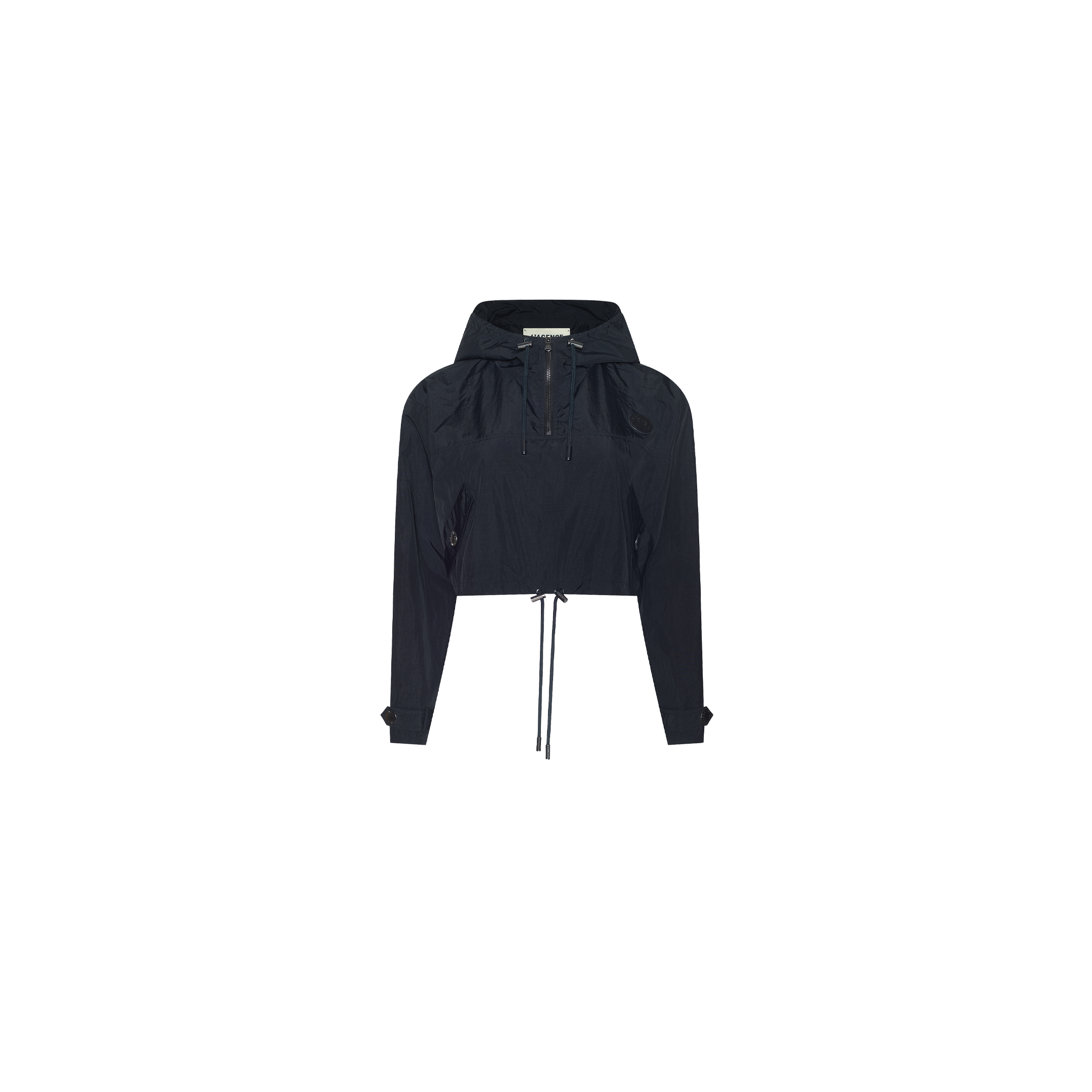 Derby Windbreaker in navy blue, featuring a cropped, water-repellant design with a hood, half-zip front, and drawstring hem.