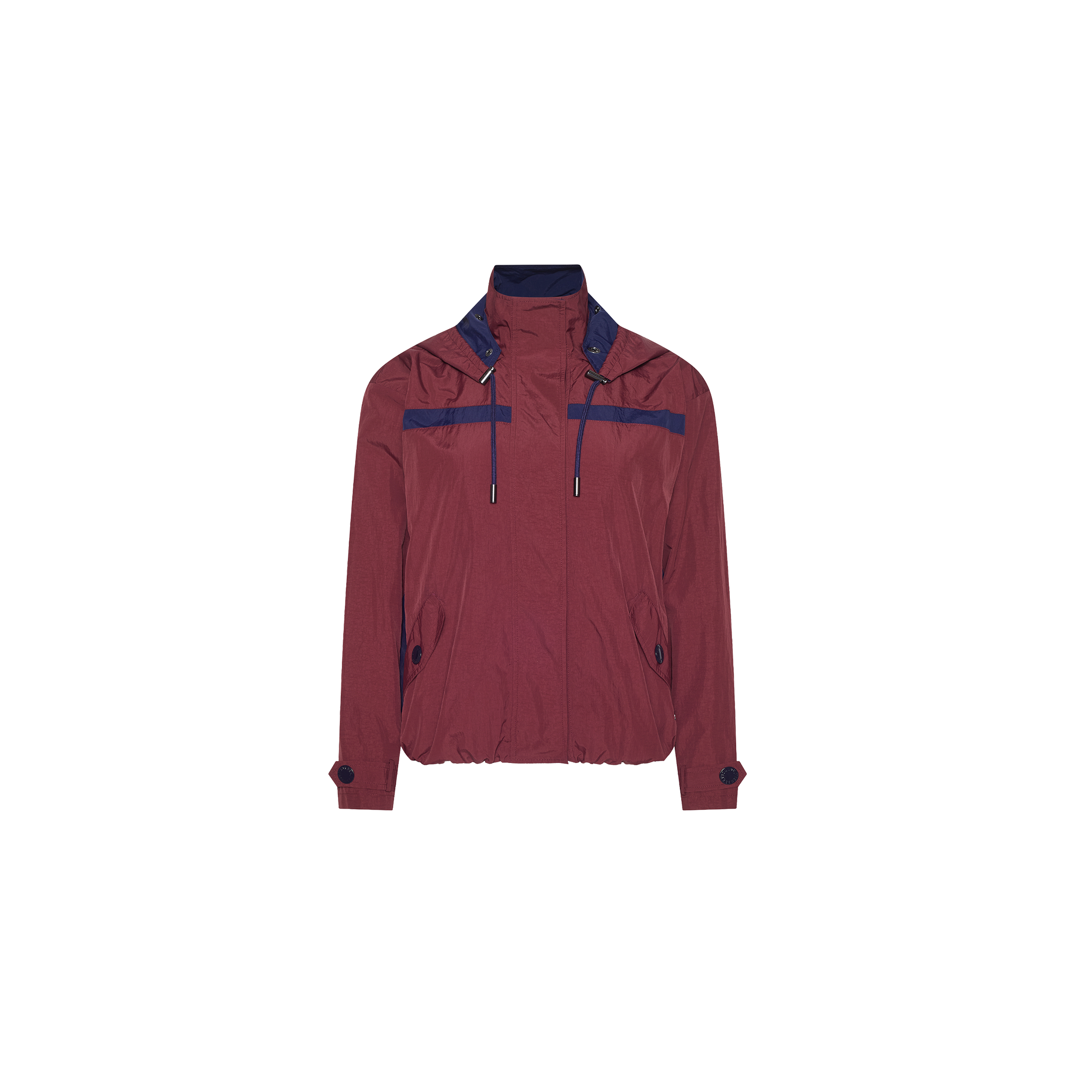 Maroon Geovana windbreaker with a navy blue collar, hood, and chest panels in a water-repellant design.