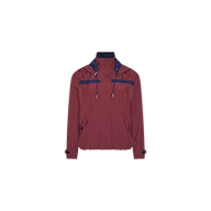 Maroon Geovana windbreaker with a navy blue collar, hood, and chest panels in a water-repellant design.