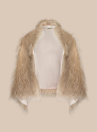 A beige Sabine Faux Fur Scarf with a shaggy texture and soft lining, displayed against a plain beige background—an effortlessly chic cool-weather accessory that adds warmth and elegance to any special event.