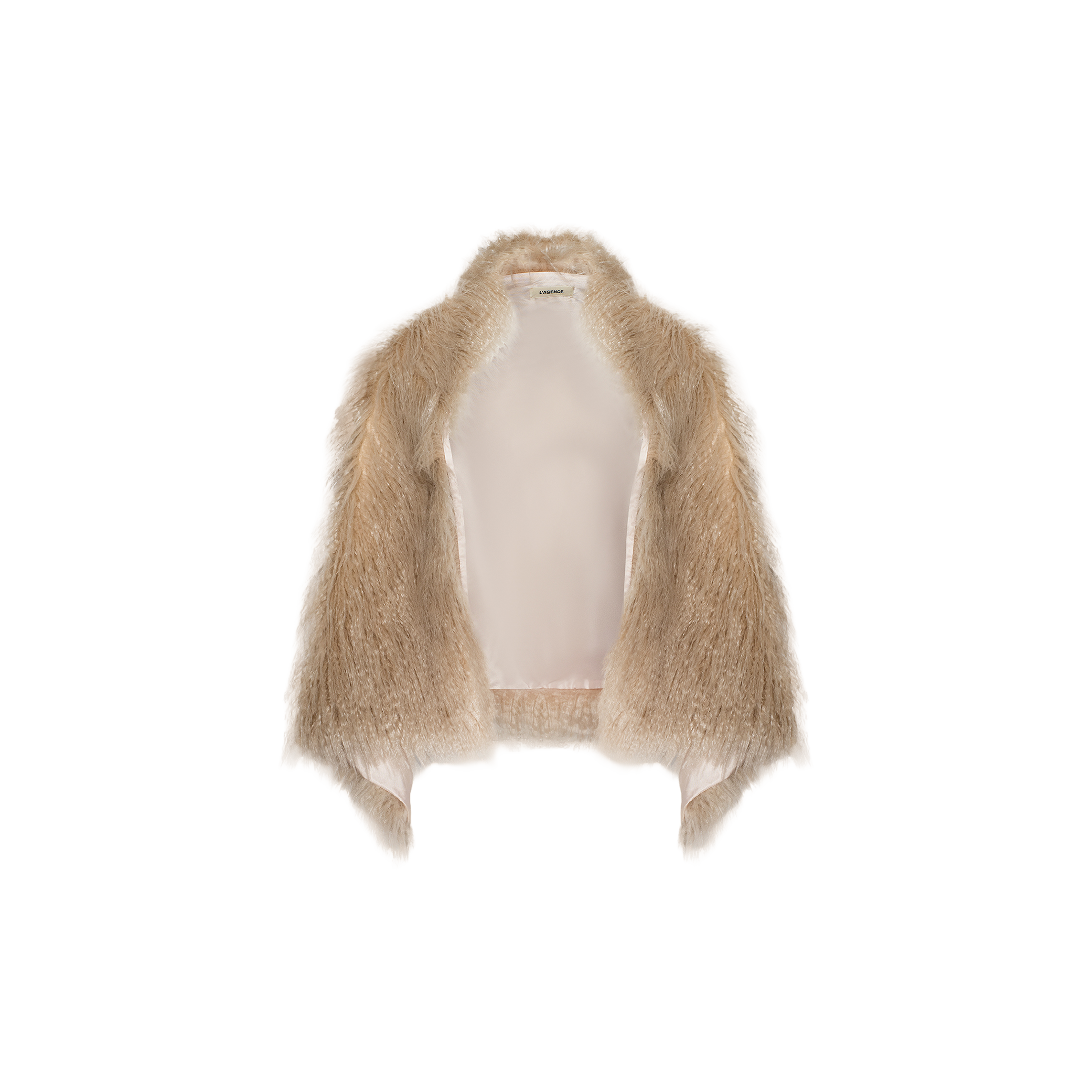 The Sabine Faux Fur Scarf, shown against a plain white background, features a beige color with an open front, soft shaggy texture, and slightly uneven hem. This chic cool-weather accessory is perfect for draping over your shoulders at any special event.