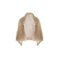 The Sabine Faux Fur Scarf, shown against a plain white background, features a beige color with an open front, soft shaggy texture, and slightly uneven hem. This chic cool-weather accessory is perfect for draping over your shoulders at any special event.