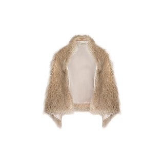 The Sabine Faux Fur Scarf, shown against a plain white background, features a beige color with an open front, soft shaggy texture, and slightly uneven hem. This chic cool-weather accessory is perfect for draping over your shoulders at any special event.