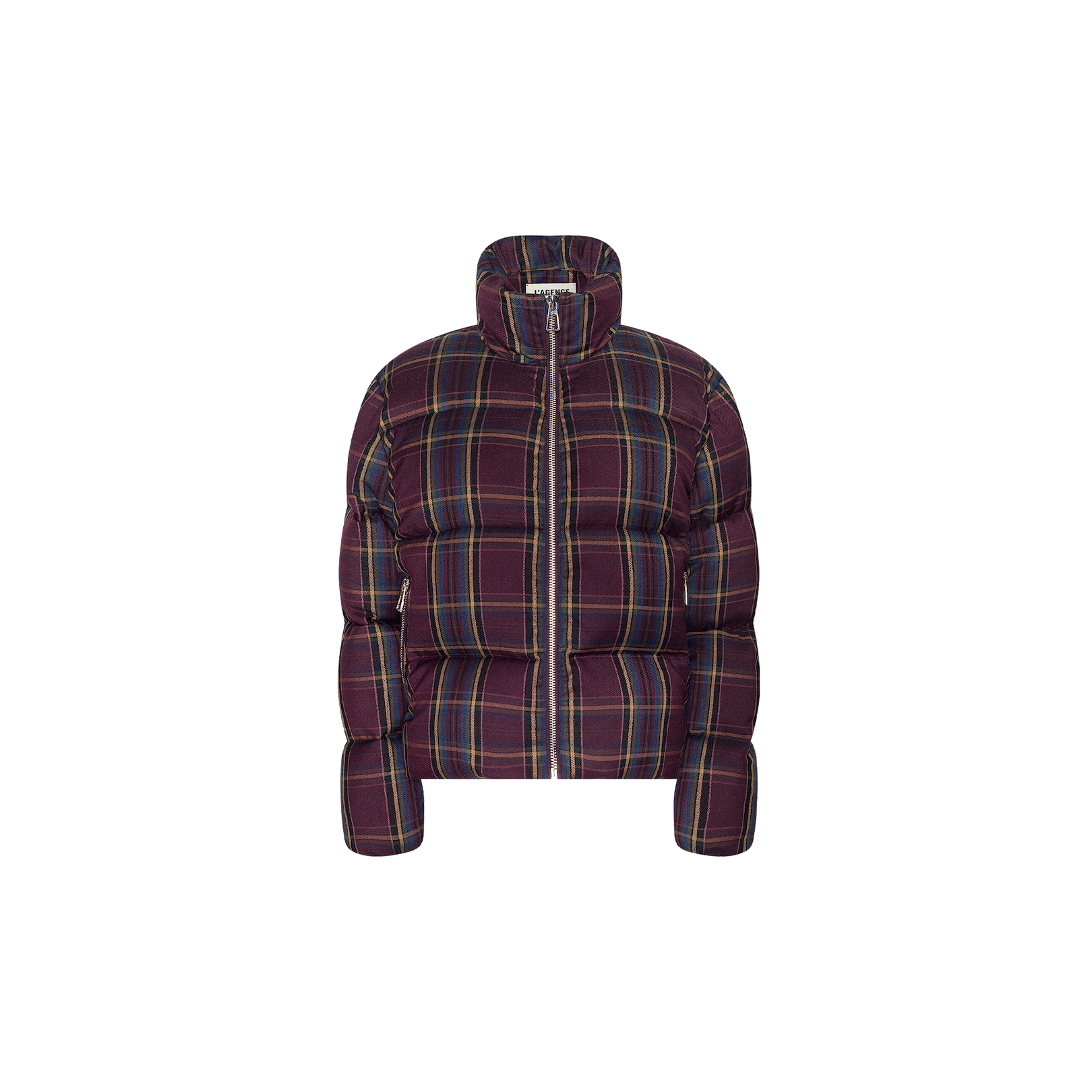 The Larsa Oversized Puffer Jacket features a high collar and front zipper, designed with a bold burgundy and green plaid pattern on a crisp white background.