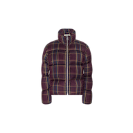 The Larsa Oversized Puffer Jacket features a high collar and front zipper, designed with a bold burgundy and green plaid pattern on a crisp white background.