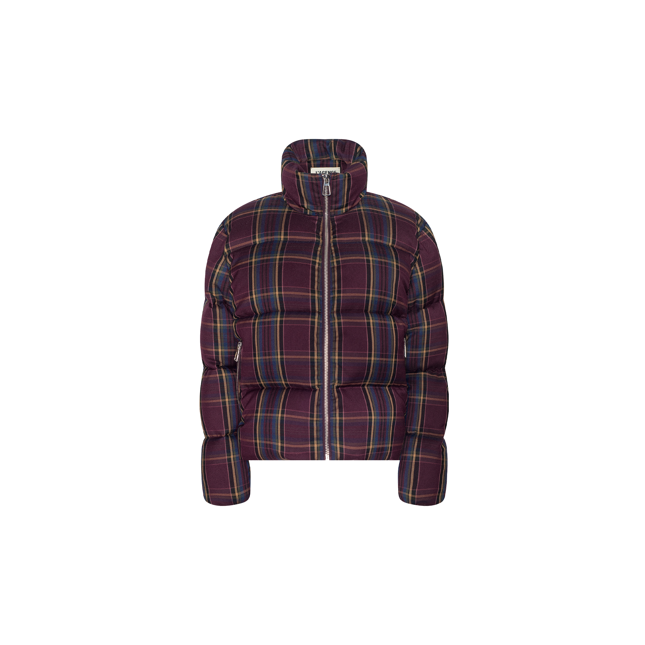 The Larsa Oversized Puffer Jacket features a high collar and front zipper, designed with a bold burgundy and green plaid pattern on a crisp white background.