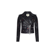 Blakely Embroidered Leather Jacket in black lambskin, featuring an asymmetrical front zipper and small embroidered red heart and black spade symbols.