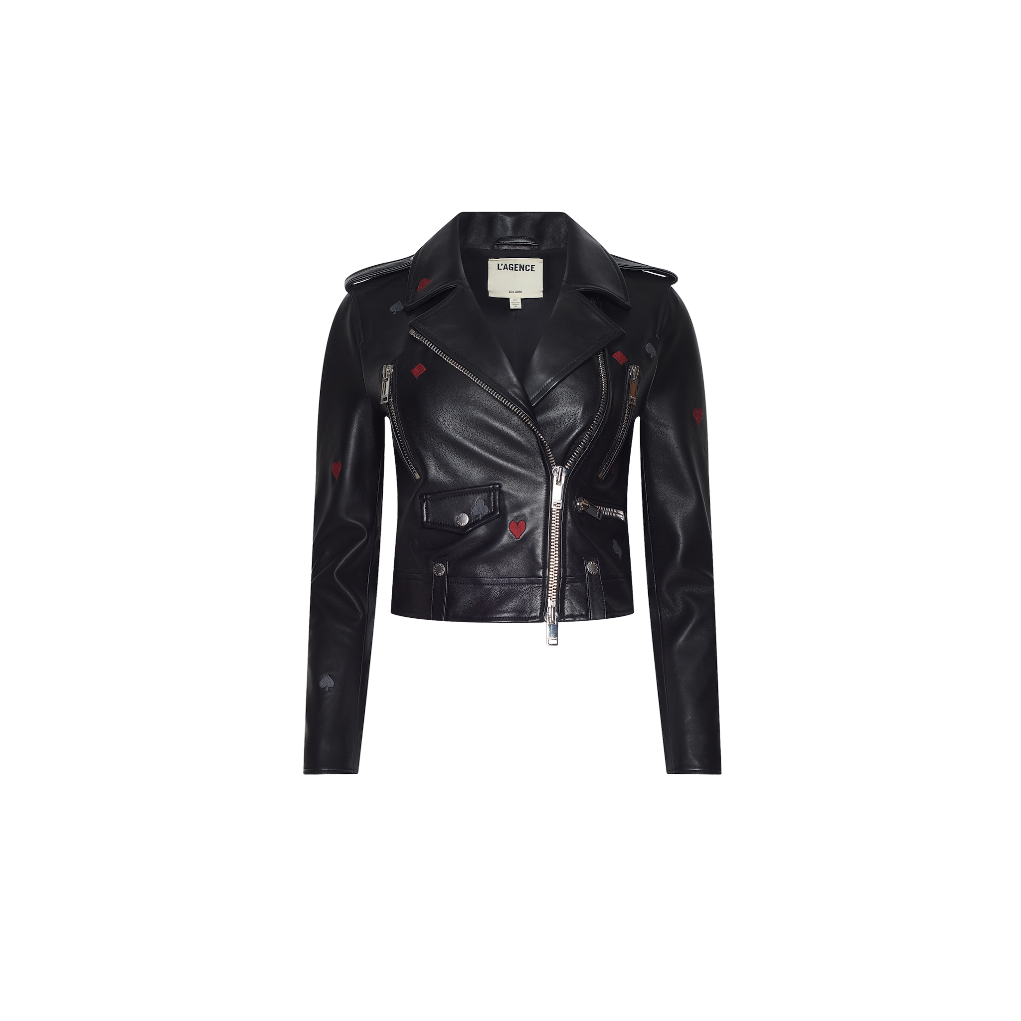 Blakely Embroidered Leather Jacket in black lambskin, featuring an asymmetrical front zipper and small embroidered red heart and black spade symbols.