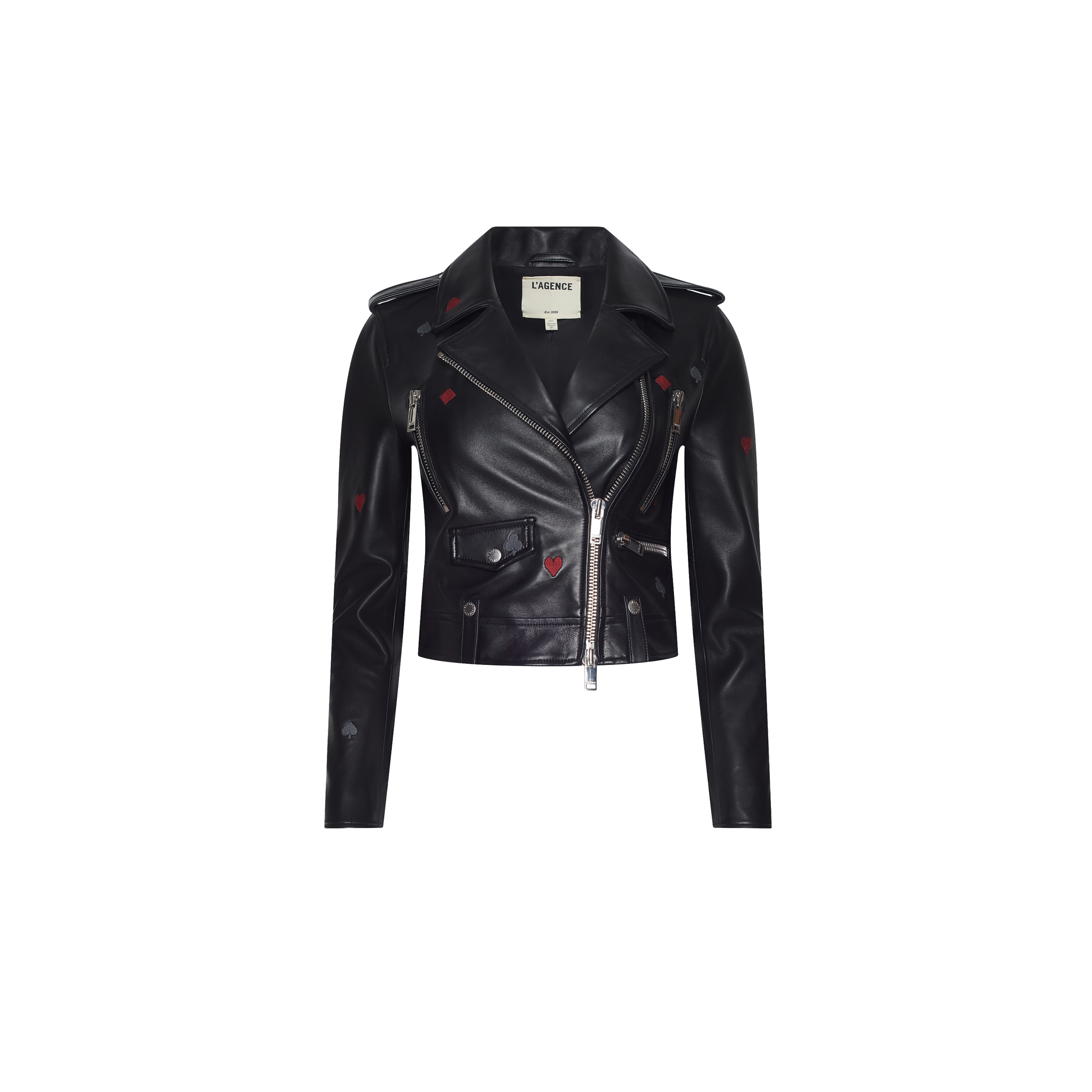 Blakely Embroidered Leather Jacket in black lambskin, featuring an asymmetrical front zipper and small embroidered red heart and black spade symbols.