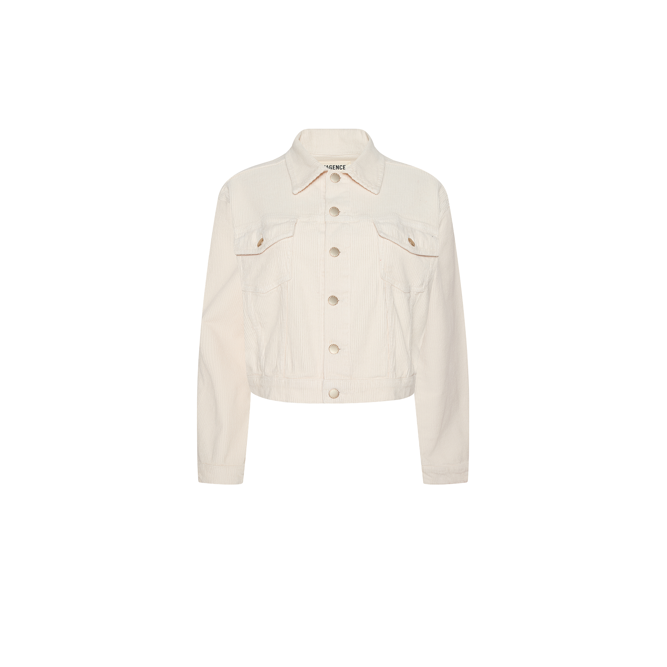 Pearl white Alessia Corduroy Jacket featuring a button-up front, two chest pockets, and long sleeves.
