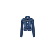 Alessia Jean Jacket in dark blue denim, featuring a cropped fit, pointed collar, button front, and two chest pockets.