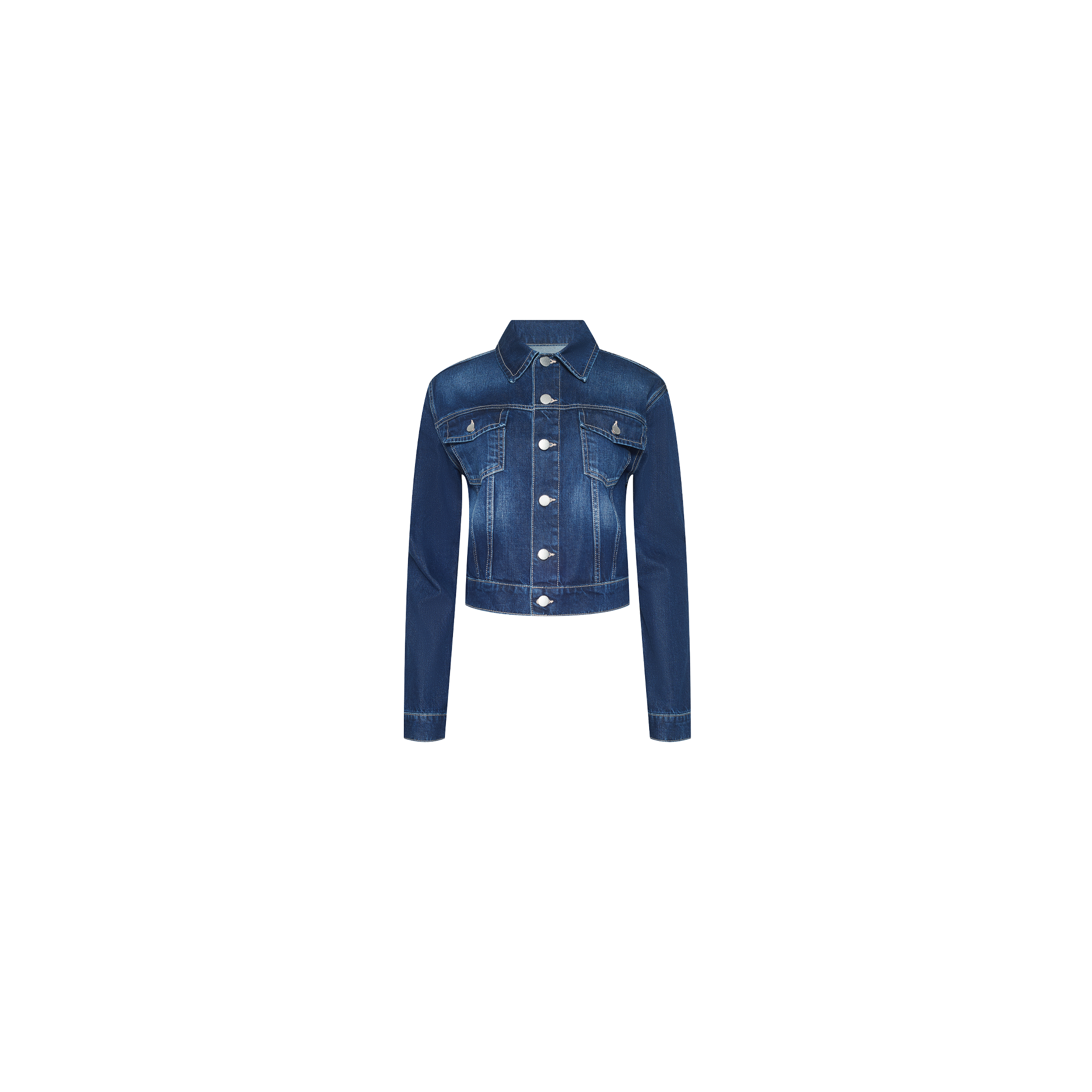 Alessia Jean Jacket in dark blue denim, featuring a cropped fit, pointed collar, button front, and two chest pockets.
