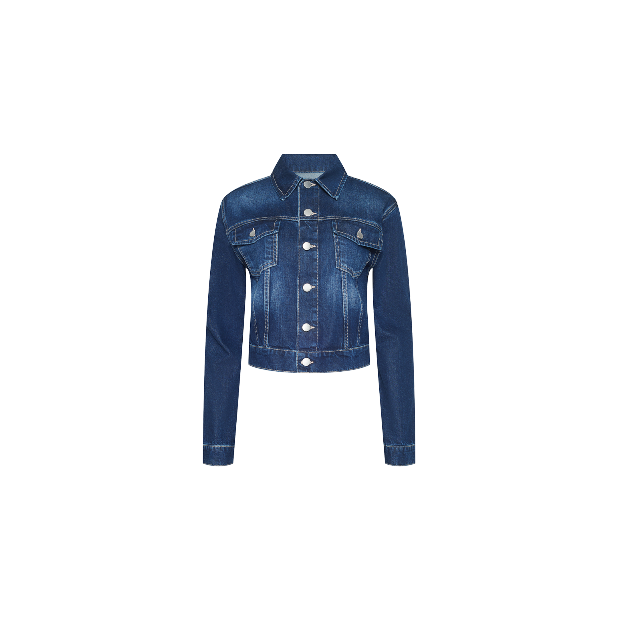 Alessia Jean Jacket in dark blue indigo denim, featuring a button-front closure, two chest pockets, and a classic collar.