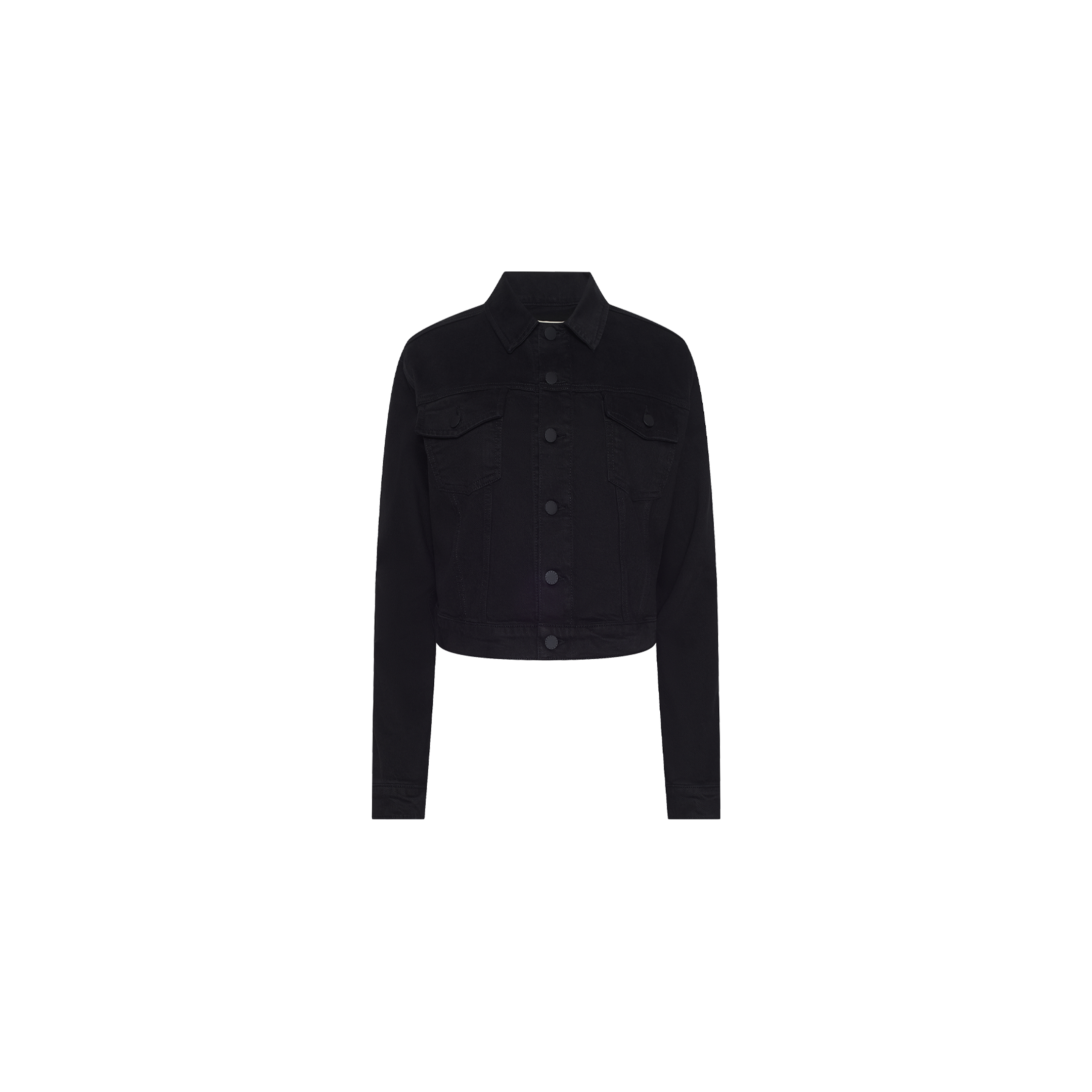 Alessia Jean Jacket in black stretch denim featuring a cropped fit, button-front closure, two chest pockets, and a classic collar.