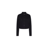 Alessia Jean Jacket in black stretch denim featuring a cropped fit, button-front closure, two chest pockets, and a classic collar.