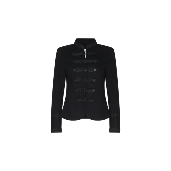 The Victory Jacket is a black Victorian-inspired piece featuring decorative braiding on the front, a short stand-up collar, long sleeves with detailed cuffs, a front zipper closure, and a fitted silhouette.