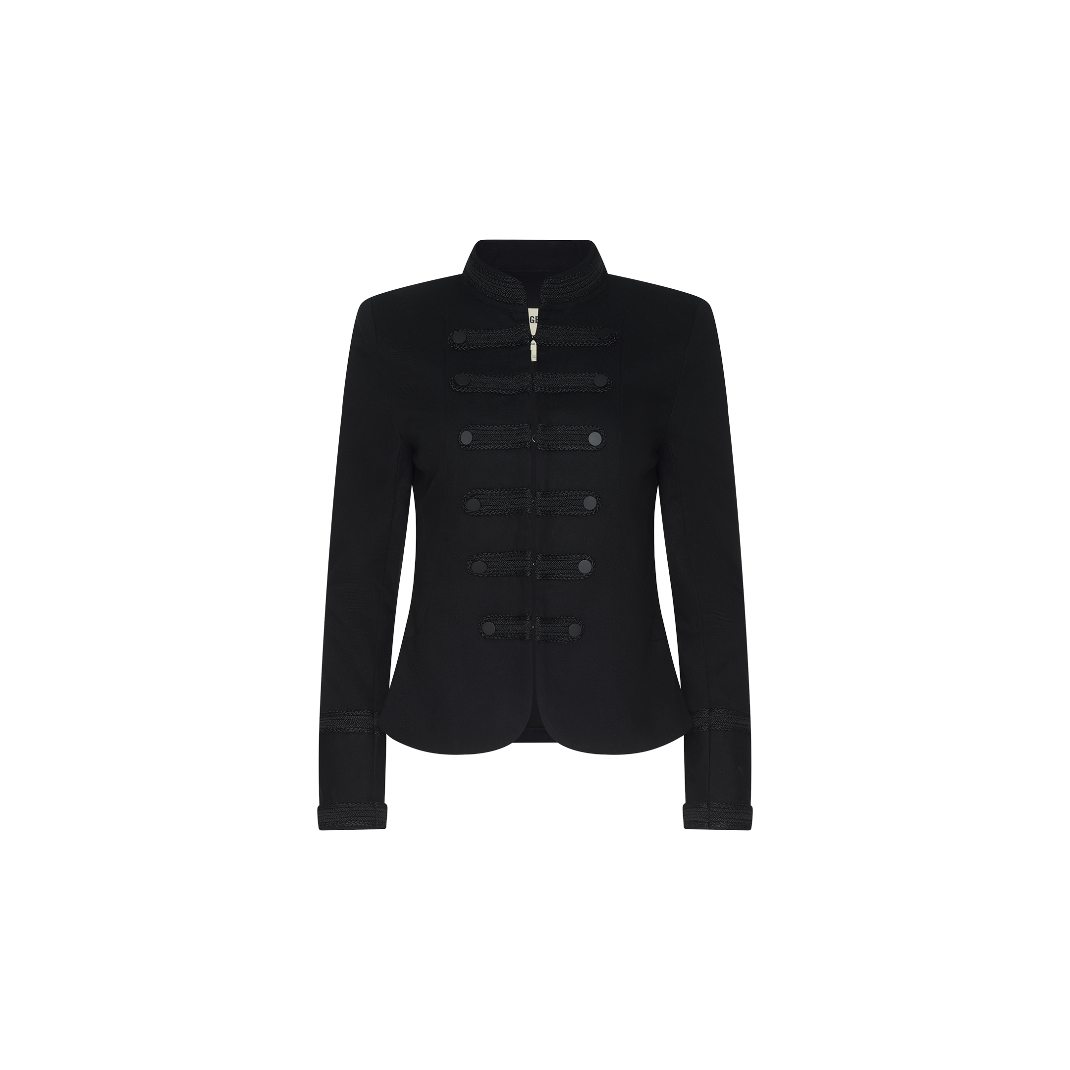 The Victory Jacket is a black Victorian-inspired piece featuring decorative braiding on the front, a short stand-up collar, long sleeves with detailed cuffs, a front zipper closure, and a fitted silhouette.