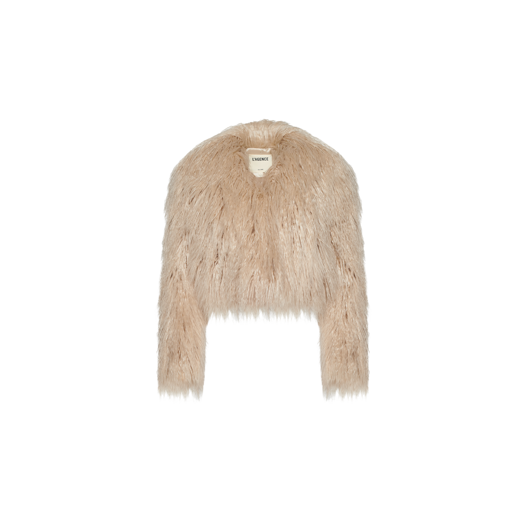 Beige cropped shag Fenella Faux Fur Coat with long sleeves, perfect as statement outerwear.