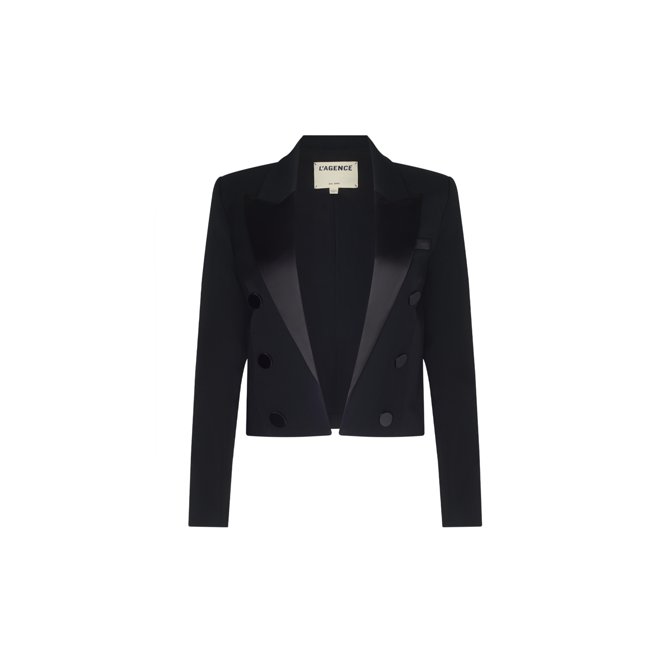 The Ismerie Cropped Blazer, a black long-sleeve double-breasted piece with satin lapels, is displayed on a plain white background, inspired by Paris Fashion Week elegance.