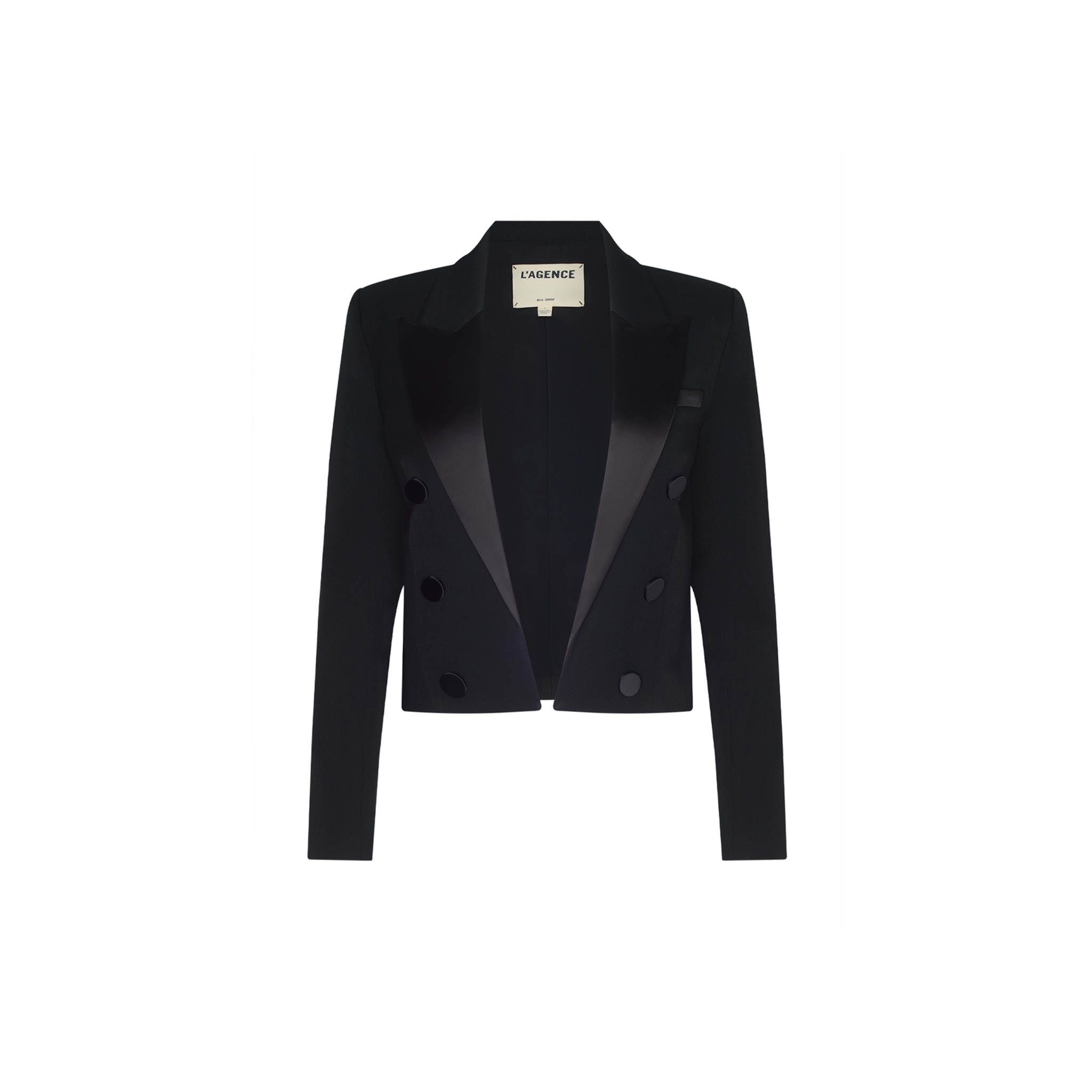 The Ismerie Cropped Blazer, a black long-sleeve double-breasted piece with satin lapels, is displayed on a plain white background, inspired by Paris Fashion Week elegance.