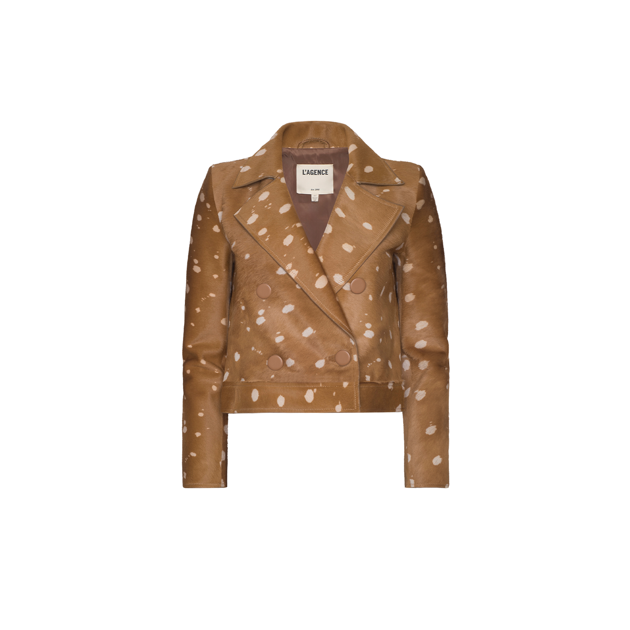 Xoelle Cropped Trench Coat: Brown double-breasted jacket with white deer-like spots, wide lapels, and cropped fit, inspired by Paris Fashion Week Spring 2027. Shown on a plain white background.