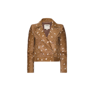Xoelle Cropped Trench Coat: Brown double-breasted jacket with white deer-like spots, wide lapels, and cropped fit, inspired by Paris Fashion Week Spring 2027. Shown on a plain white background.