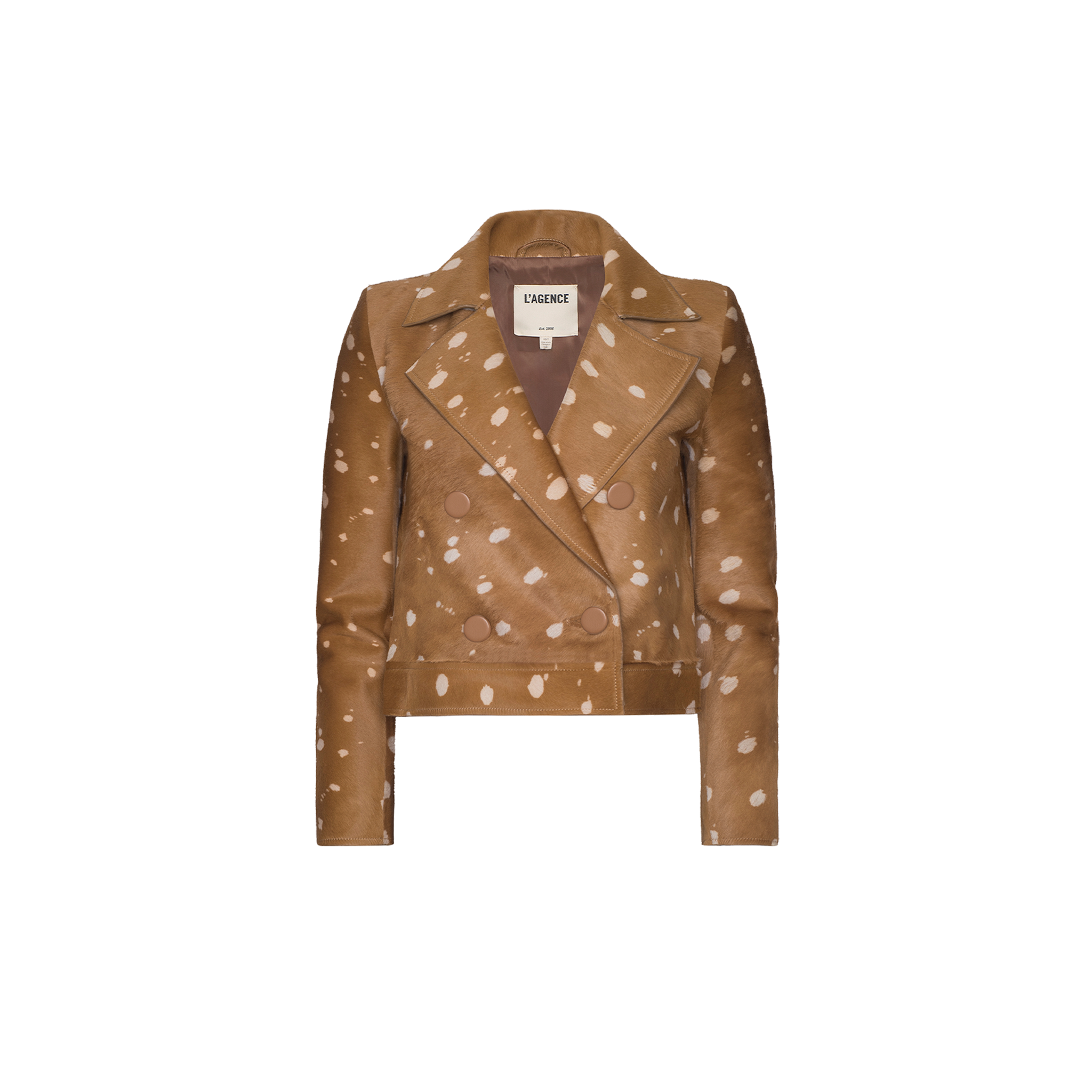 Xoelle Cropped Trench Coat: Brown double-breasted jacket with white deer-like spots, wide lapels, and cropped fit, inspired by Paris Fashion Week Spring 2027. Shown on a plain white background.