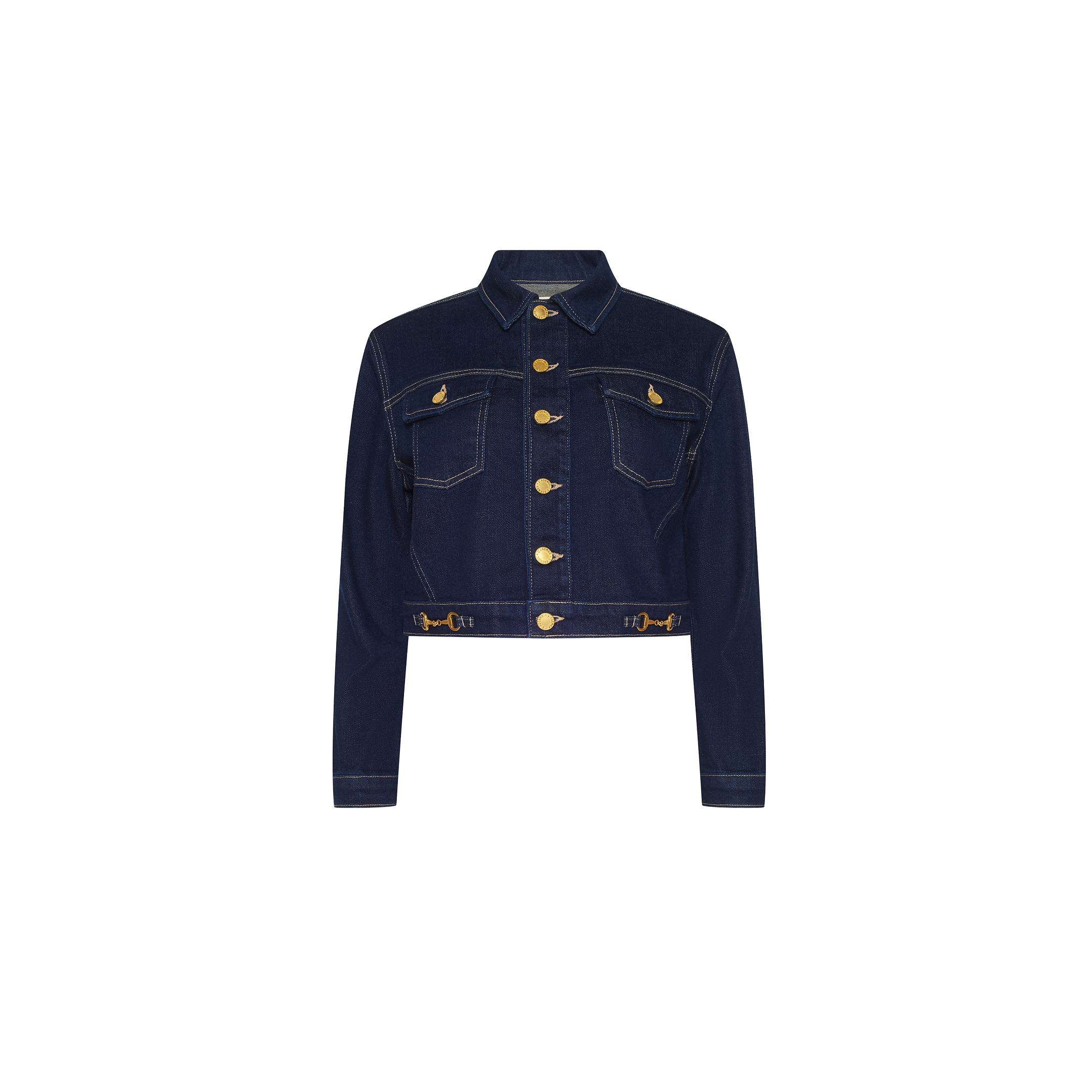 Edin Jean Jacket in dark blue stretch denim with an indigo wash, finished with gold-tone buttons and gold horsebit details at the hem.