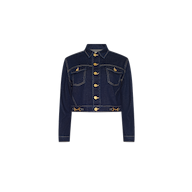 Edin Jean Jacket in dark blue stretch denim with an indigo wash, finished with gold-tone buttons and gold horsebit details at the hem.