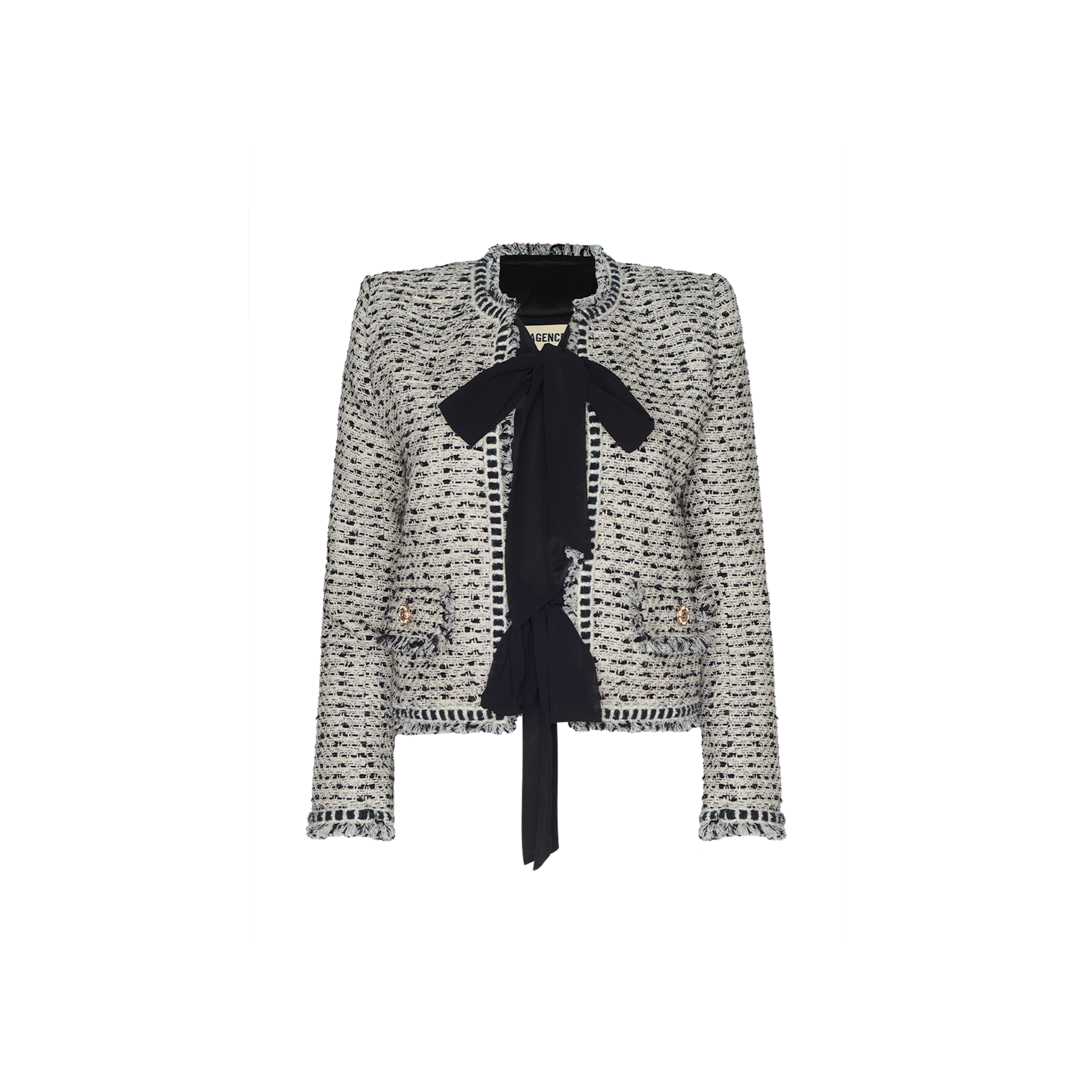 The Rosaine Jacket is a textured, light-colored tweed womens jacket with a black bow tie, black-edge detailing, and ruffled cuffs—ideal for a Spring 2027 Paris Fashion Week presentation.