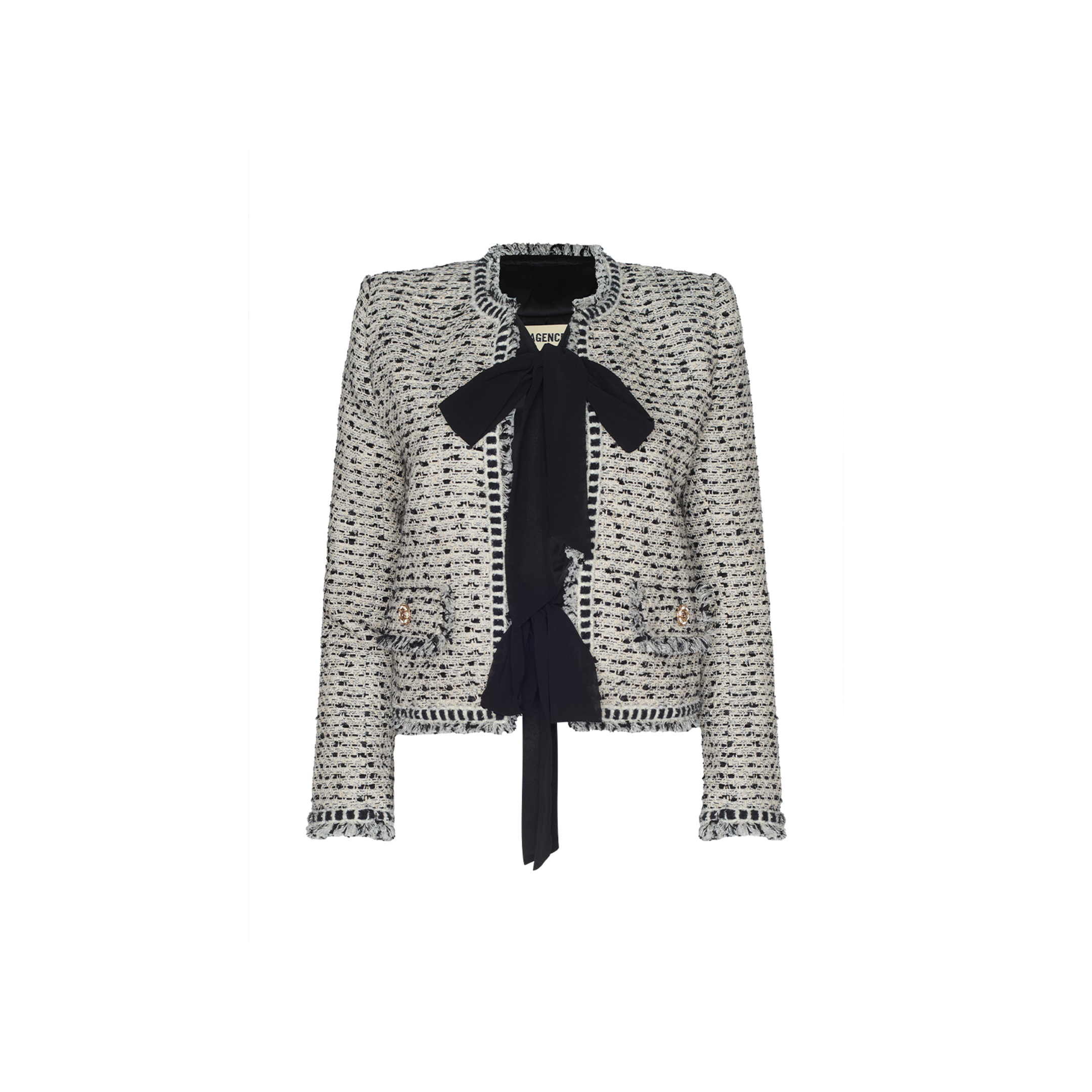 The Rosaine Jacket is a textured, light-colored tweed womens jacket with a black bow tie, black-edge detailing, and ruffled cuffs—ideal for a Spring 2027 Paris Fashion Week presentation.