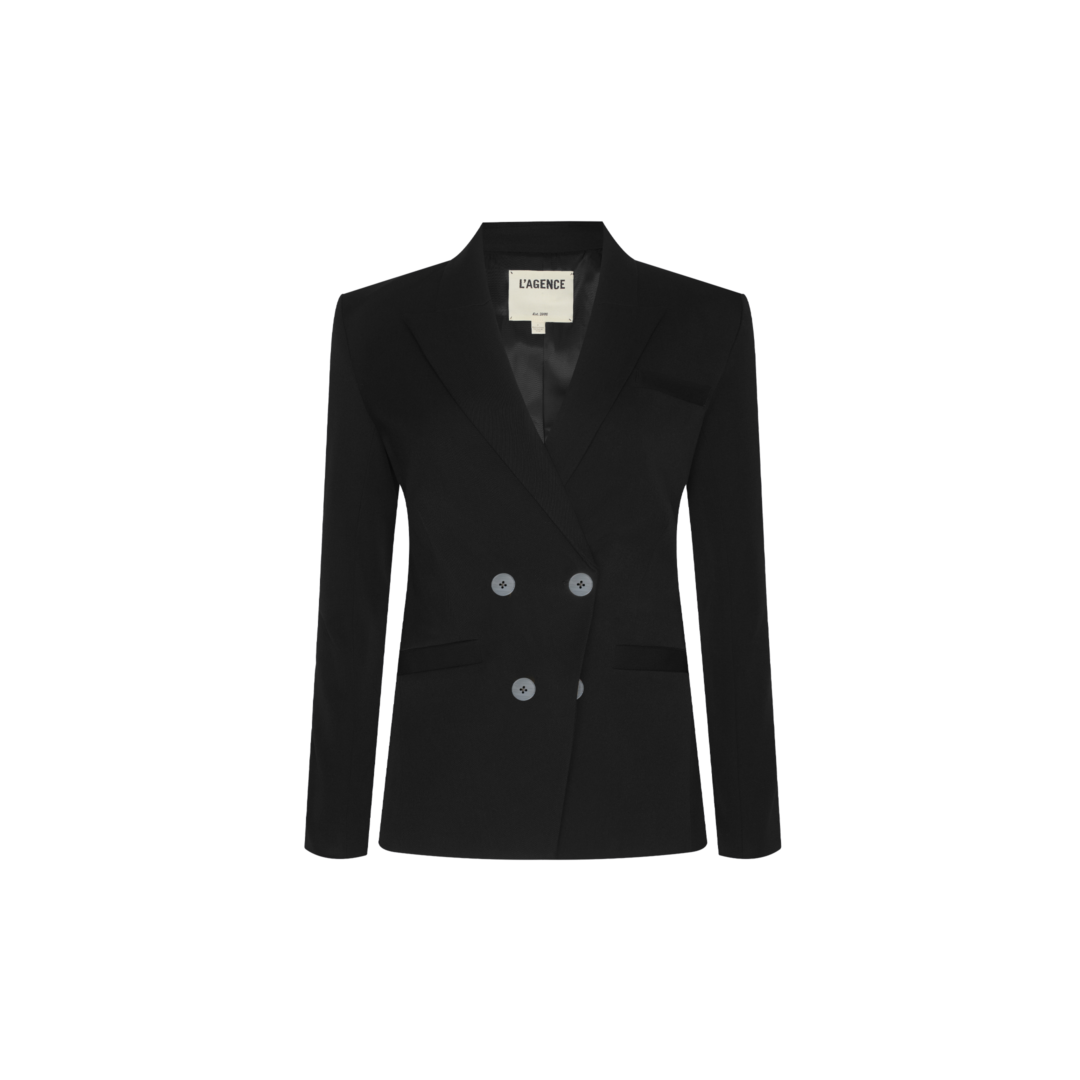 The Kiora Blazer is a black double-breasted blazer crafted from stretch twill suiting, featuring four buttons, notched lapels, and long sleeves. Designed with a tailored hourglass silhouette, it is shown on a plain white background.
