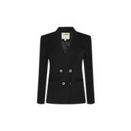 The Kiora Blazer is a black double-breasted blazer crafted from stretch twill suiting, featuring four buttons, notched lapels, and long sleeves. Designed with a tailored hourglass silhouette, it is shown on a plain white background.