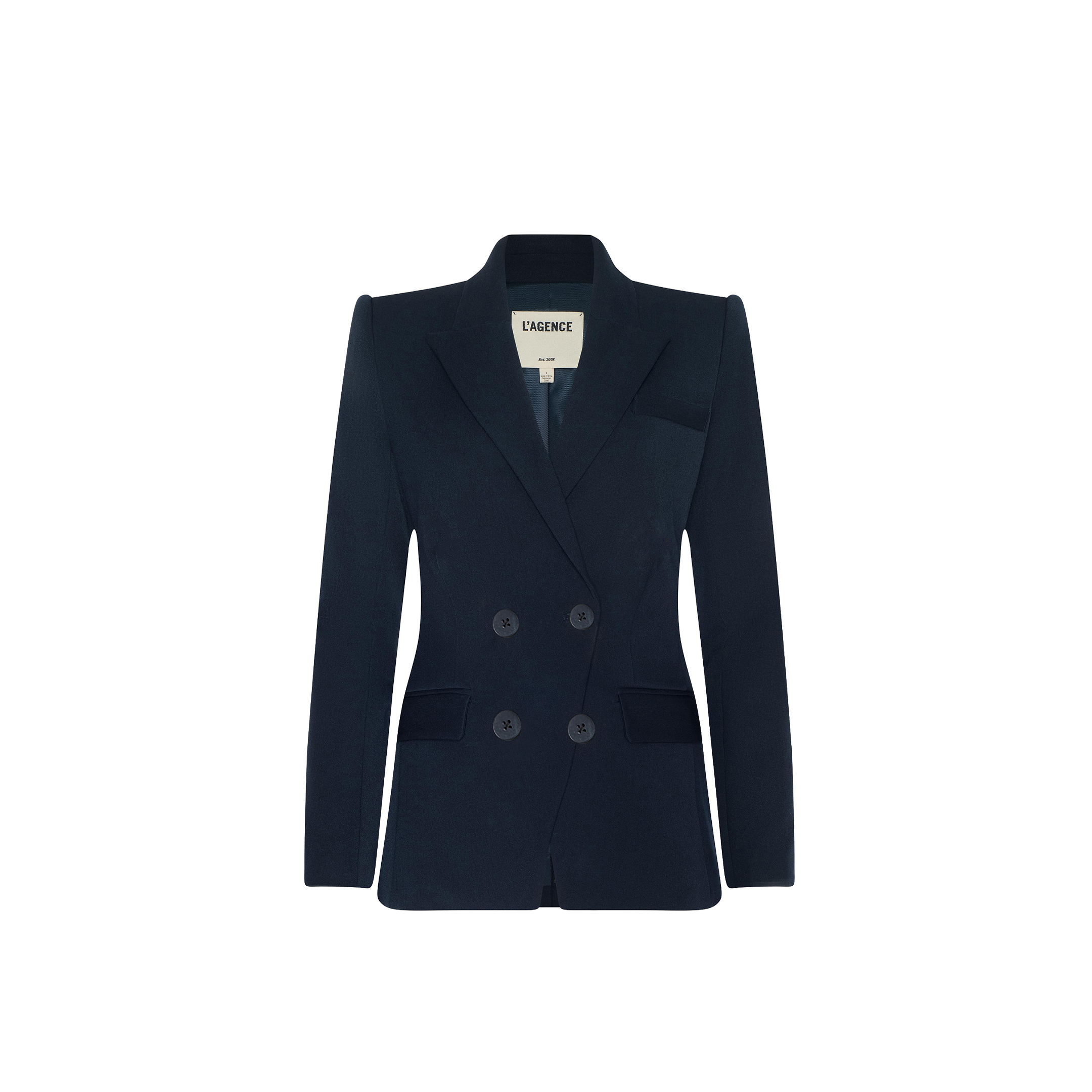 The Kiora Blazer is a midnight blue double-breasted piece featuring four front buttons, structured shoulders, notch lapels, and two front flap pockets, shown against a plain white background.
