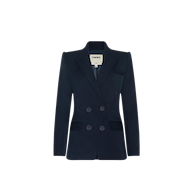 The Kiora Blazer is a midnight blue double-breasted piece featuring four front buttons, structured shoulders, notch lapels, and two front flap pockets, shown against a plain white background.