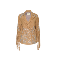 Auvielle Embellished Blazer in tan suede features silver embellishments, fringe sleeves, and a notched lapel collar. Inspired by Spring 2027 Paris Fashion Week. Shown against a plain white background.