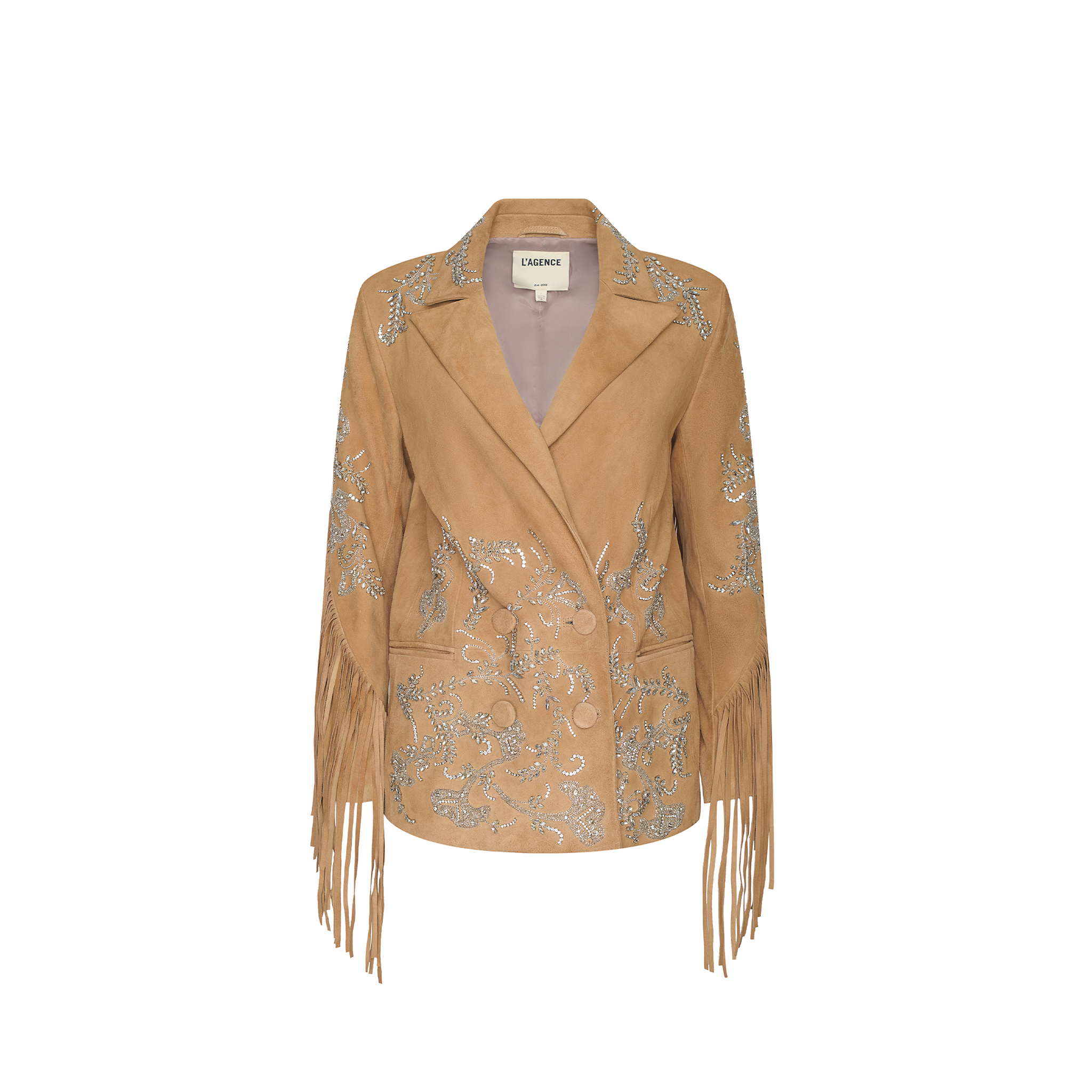 Auvielle Embellished Blazer in tan suede features silver embellishments, fringe sleeves, and a notched lapel collar. Inspired by Spring 2027 Paris Fashion Week. Shown against a plain white background.