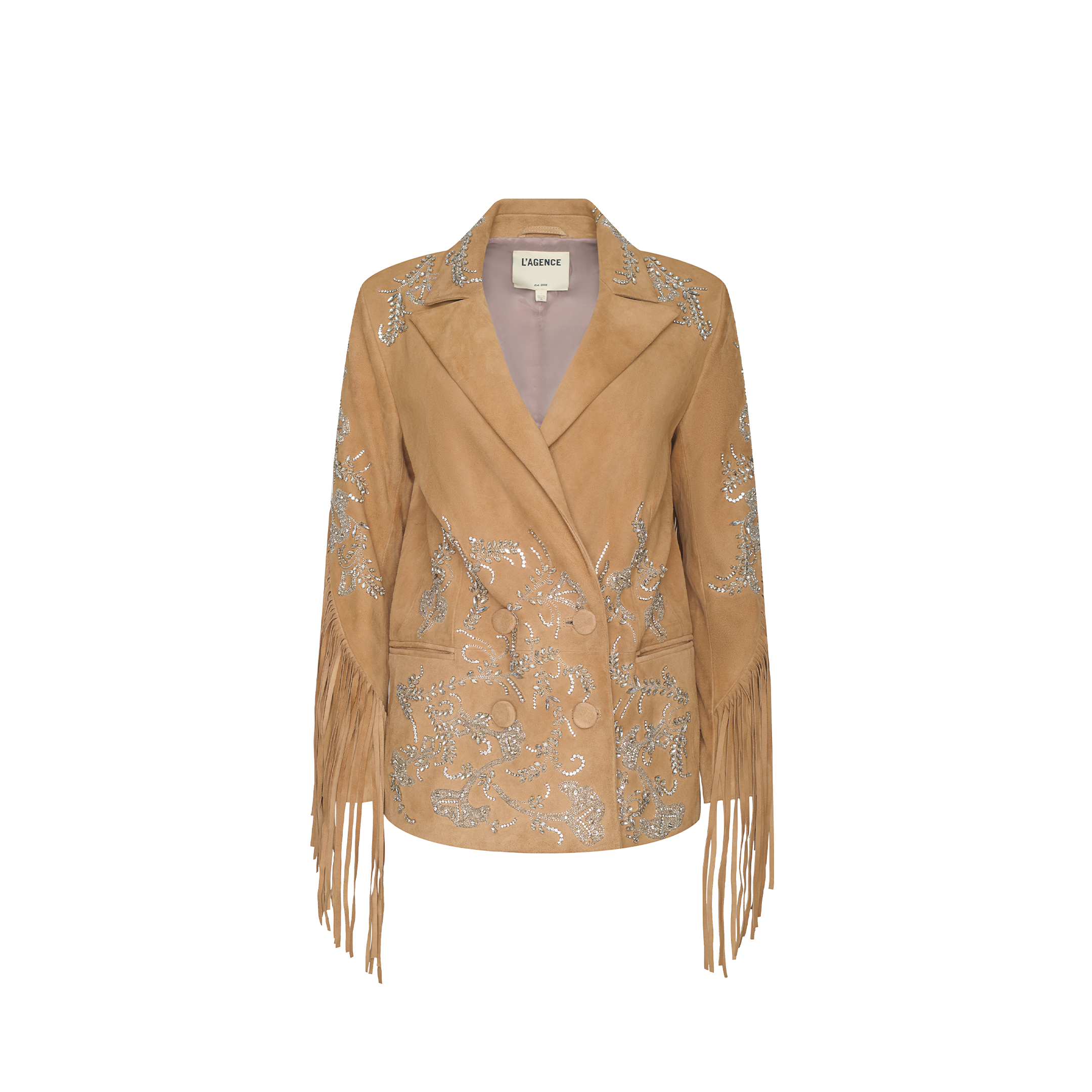 Auvielle Embellished Blazer in tan suede features silver embellishments, fringe sleeves, and a notched lapel collar. Inspired by Spring 2027 Paris Fashion Week. Shown against a plain white background.