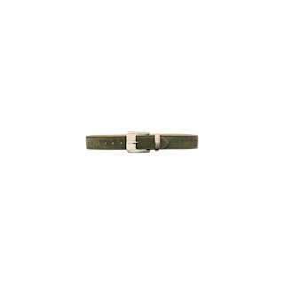 The Aya Suede Belt, handcrafted in LA from premium Italian olive green suede and featuring a textured gold buckle, is displayed horizontally against a plain white background.