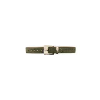 The Aya Suede Belt in olive green Italian suede features a textured gold rectangular brass buckle and is displayed against a plain white background.