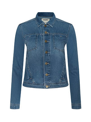 The Celine Jean Jacket is a blue slim fit style with long sleeves, front button closure, two flap chest pockets, and a branded LAGENCE label at the collar. Made from featherweight denim for comfort and style.