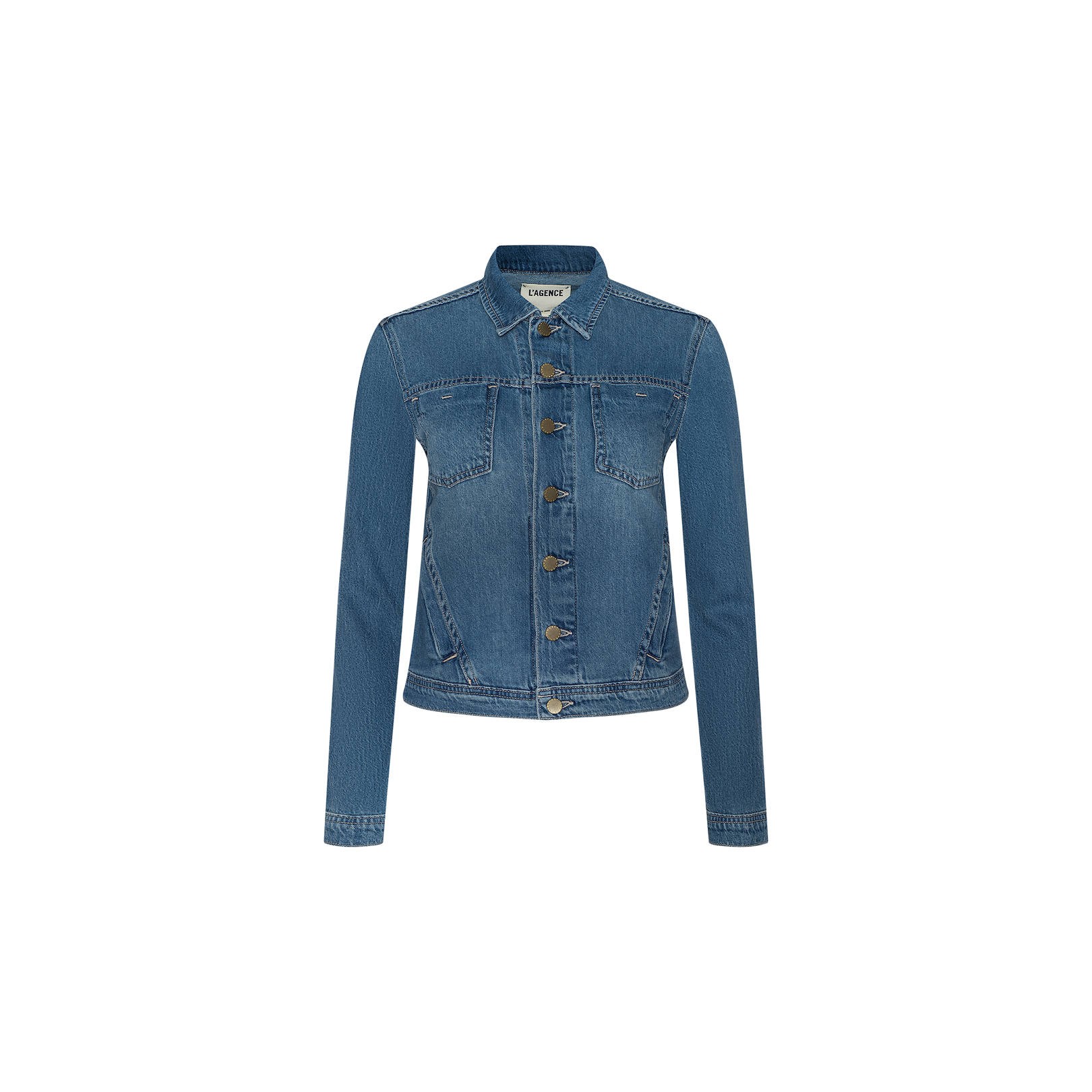 Celine Jean Jacket in blue featherweight denim, featuring long sleeves, a button-up front, chest pockets, and a collar. Designed in a slim fit silhouette inspired by the classic L’AGENCE jean jacket style. Shown on a plain white background.