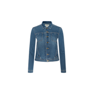 The Celine Jean Jacket, a classic blue featherweight denim style featuring long sleeves, a button-up front, chest pockets, and a pointed collar, is displayed on a plain white background.